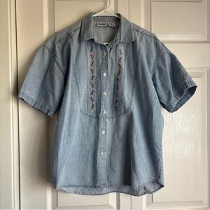 Vintage Capacity Denim Embroidered Short Sleeve Button Up Top - Size Medium